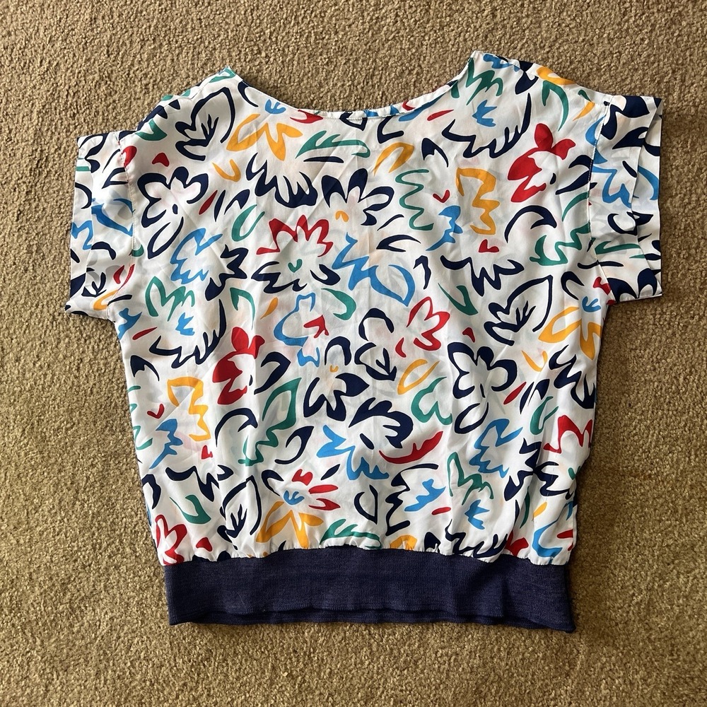 Vintage Judy Bond‎ White Top with Primary Color Abstract Floral Pattern Size 16
